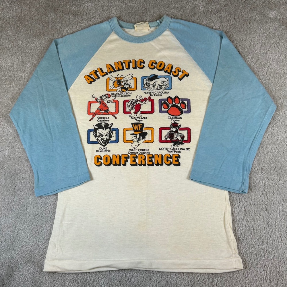 Vintage 70s 1st String ACC Conference T-Shirt Mens Small Blue Raglan Mascots USA